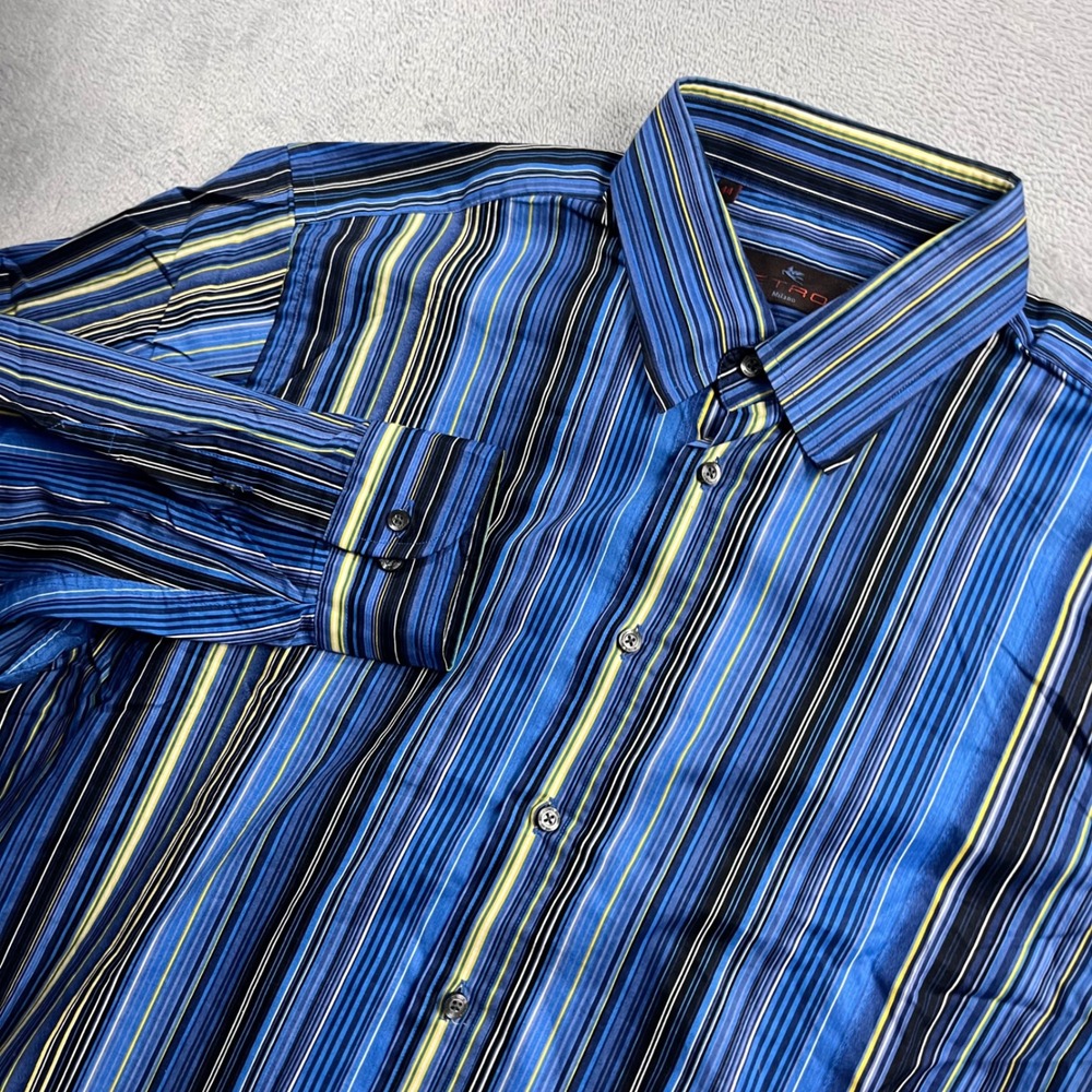 Etro Milano Men Blue Multi Color Striped Button Down Shirt Size 44 Made In Italy